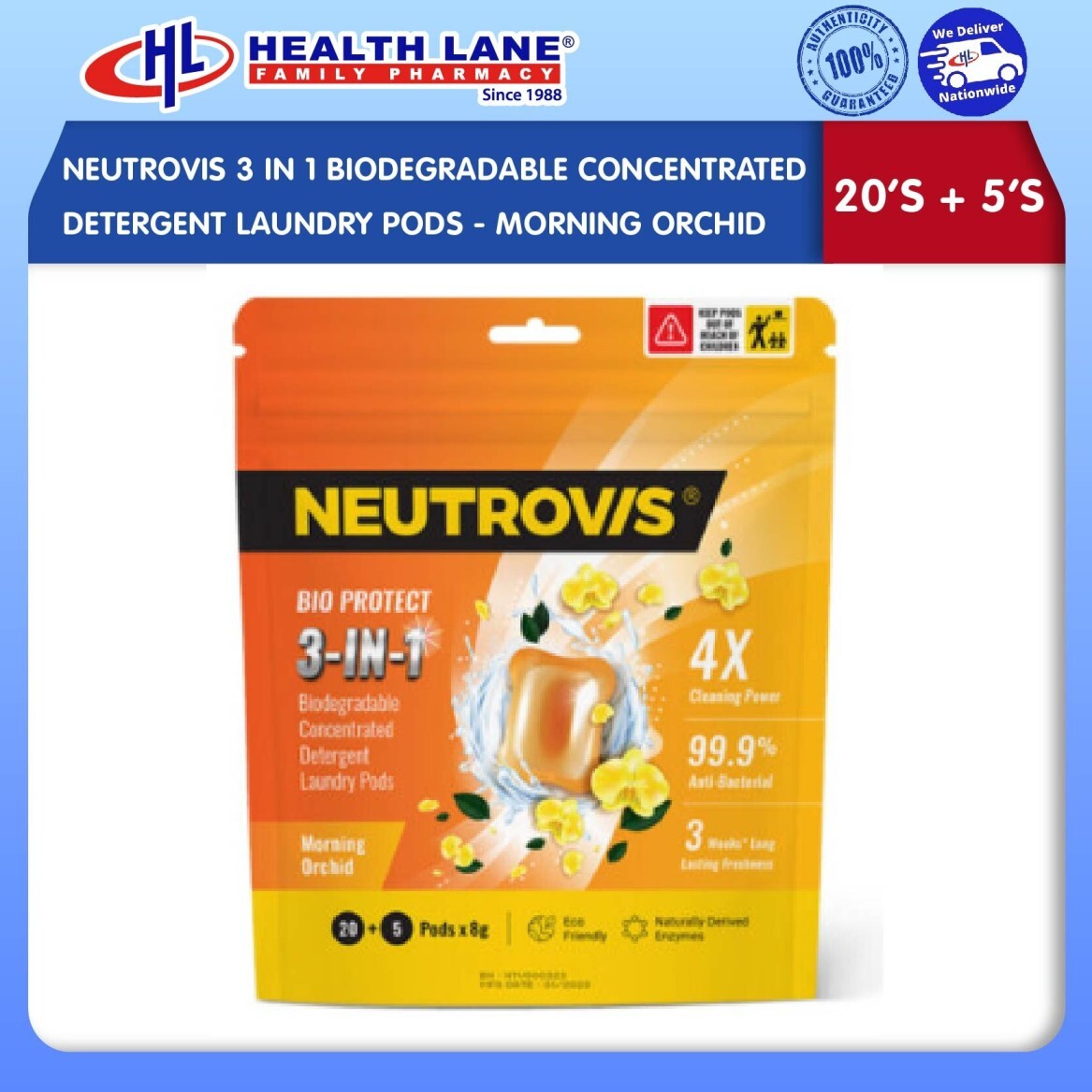 NEUTROVIS 3 IN 1 BIODEGRADABLE CONCENTRATED DETERGENT LAUNDRY PODS (20'S + 5'S) - MORNING ORCHID