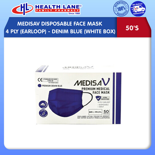 MEDISAV DISPOSABLE FACE MASK 4 PLY 50'S (EARLOOP) - DENIM BLUE (WHITE BOX)