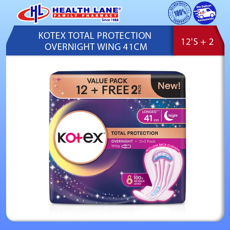 KOTEX TOTAL PROTECTION OVERNIGHT WING 41CM 12'S+2