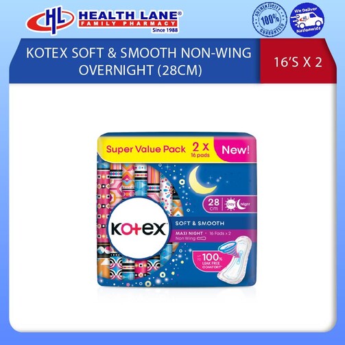 KOTEX SOFT & SMOOTH NON-WING OVERNIGHT 28CM (16'S X2)