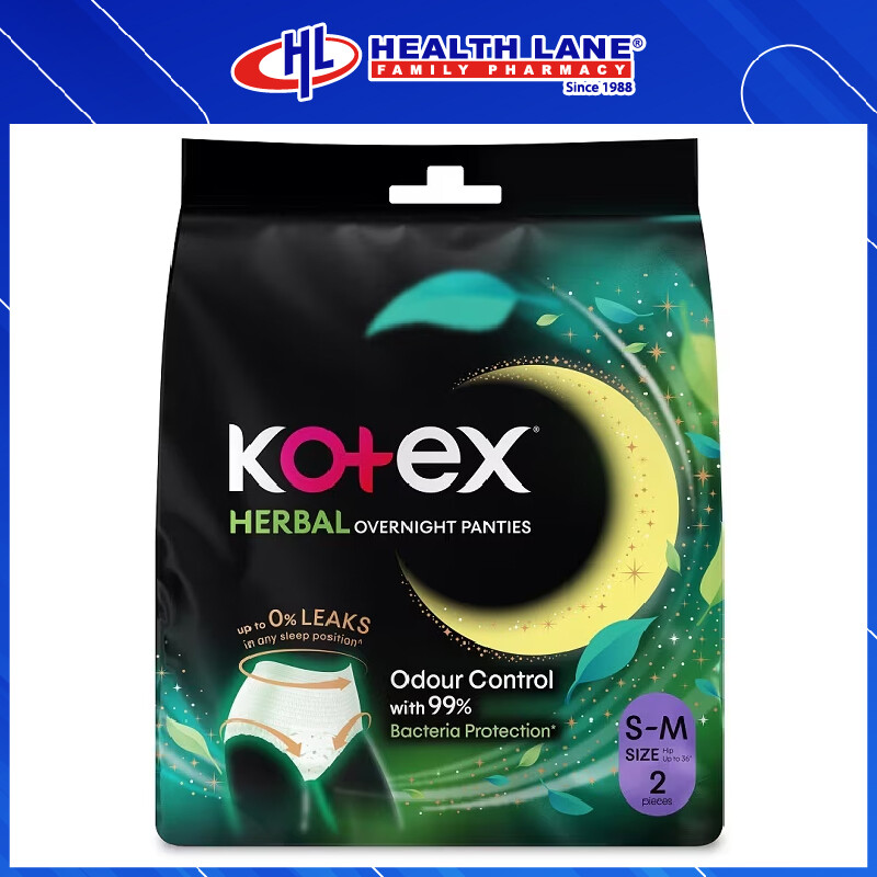 KOTEX OVERNIGHT PANTIES HERBAL 2'S (S/M)