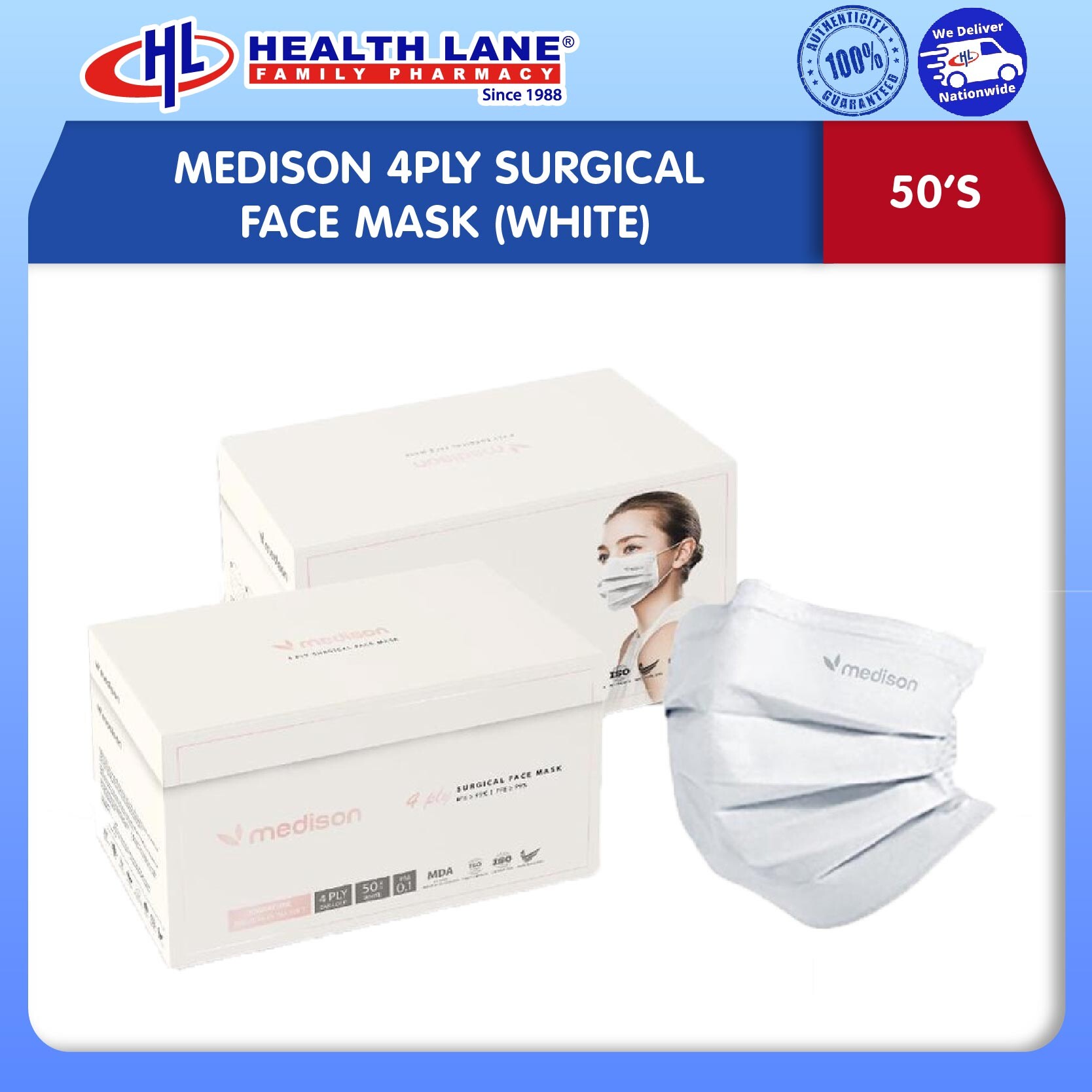 MEDISON 4PLY SURGICAL MASK MUKA (WHITE) 50'S 