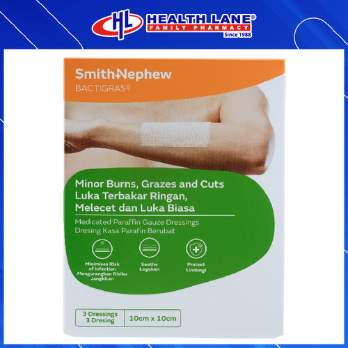 SMITH & NEPHEW BACTIGRAS ANTISEPTIC PARAFFIN DRESSING 10CMx10CM (3'S)