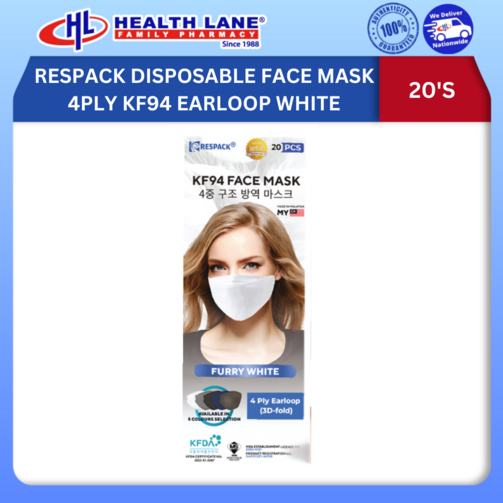 RESPACK DISPOSABLE FACE MASK 4PLY KF94 EARLOOP 20'S - WHITE