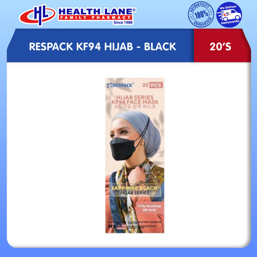 RESPACK DISPOSABLE FACE MASK HIJAB 4PLY KF94 20'S- BLACK