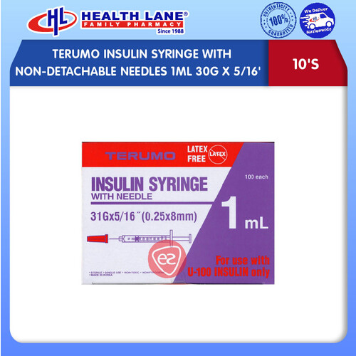 TERUMO INSULIN SYRINGE WITH NON-DETACHABLE NEEDLES 1ML 30Gx5/16' (10'S)