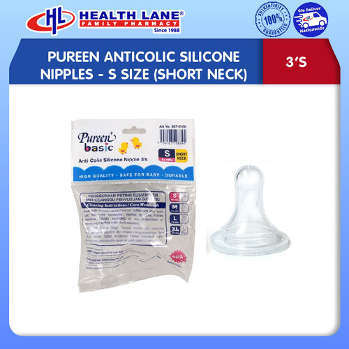 PUREEN ANTICOLIC SILICONE NIPPLES 3'S- S SIZE (SHORT NECK)
