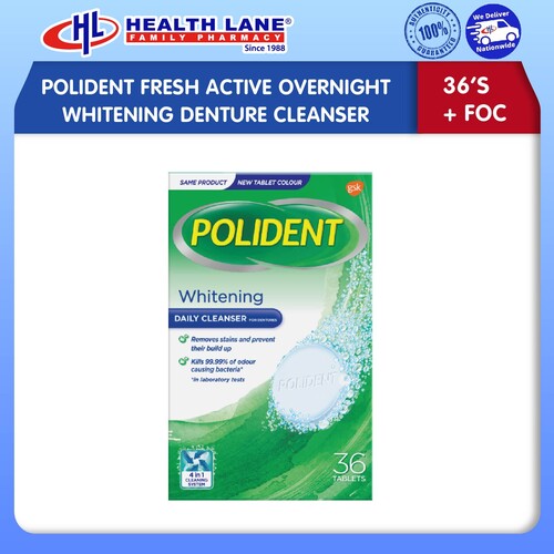 POLIDENT FRESH ACTIVE OVERNIGHT WHITENING DENTURE CLEANSER (36'S)+ FOC