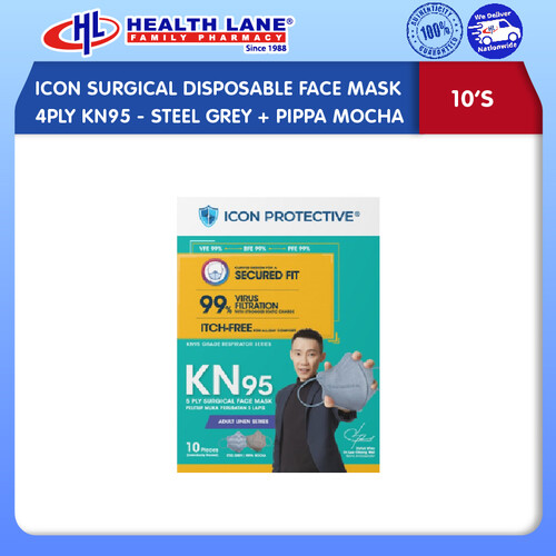 ICON SURGICAL  FACE MASK 4PLY KN95 10'S- STEEL GREY+PIPPA MOCHA