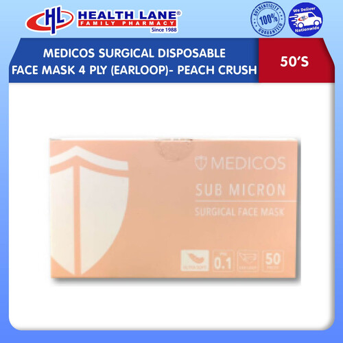 MEDICOS SURGICAL  FACE MASK 4 PLY (EARLOOP)- PEACH CRUSH (50'S)