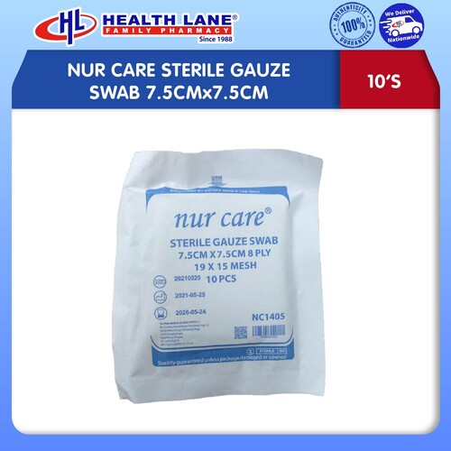 NUR CARE STERILE GAUZE SWAB 7.5CMx7.5CM 10'S