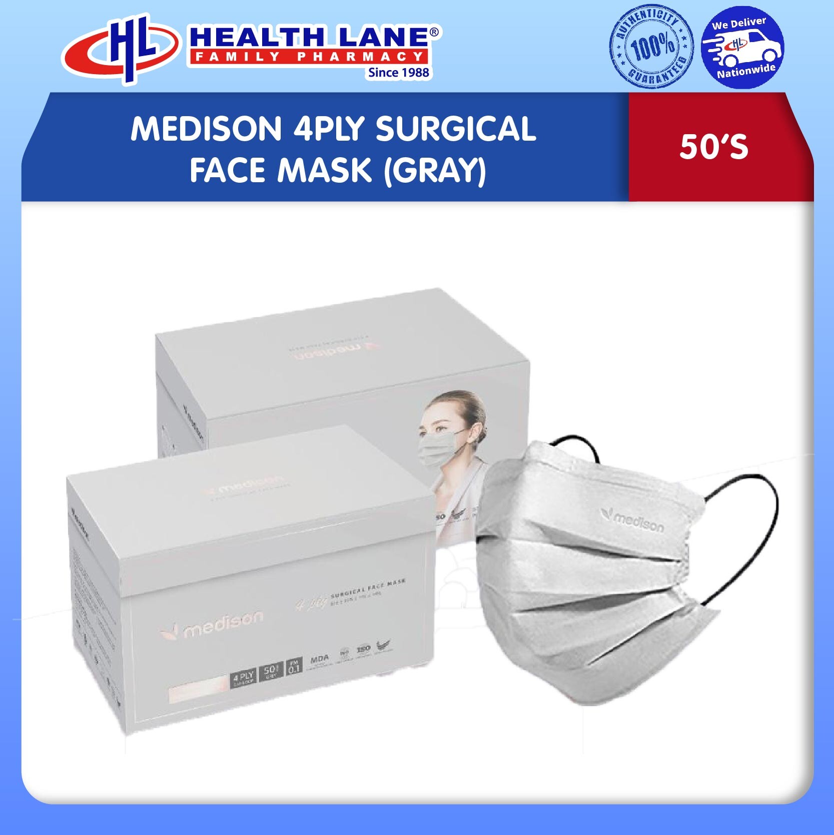 MEDISON 4PLY SURGICAL FACE MASK (GREY) 50'S