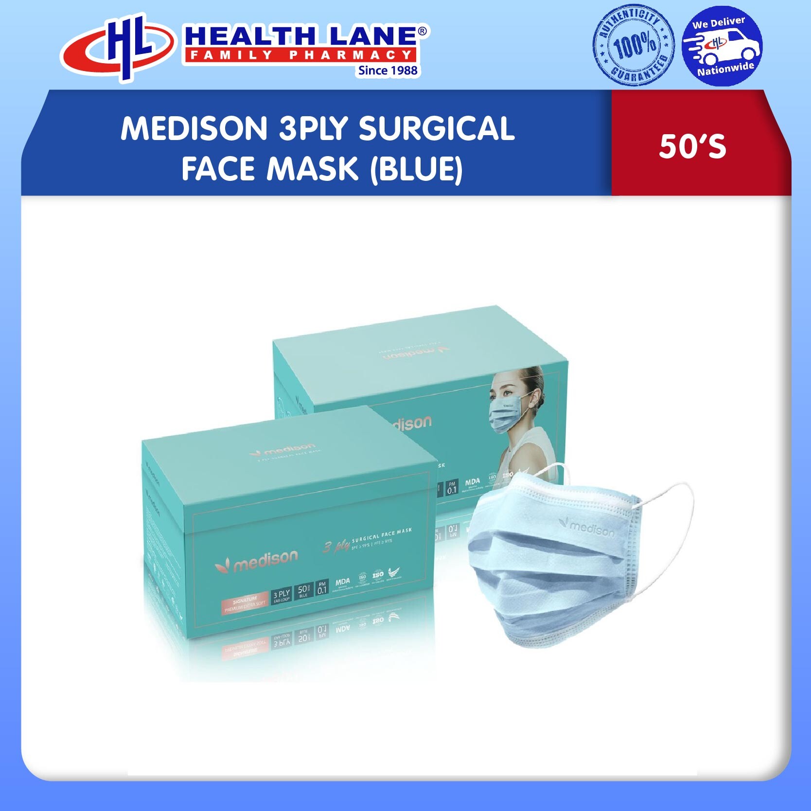 MEDISON 3PLY SURGICAL FACE MASK (BLUE) 50'S