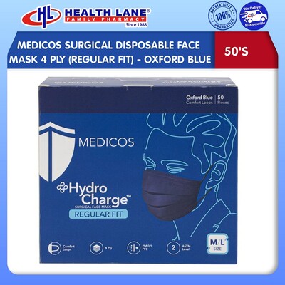 MEDICOS SURGICAL DISPOSABLE FACE MASK 4 PLY 50'S (REGULAR FIT) - OXFORD BLUE 