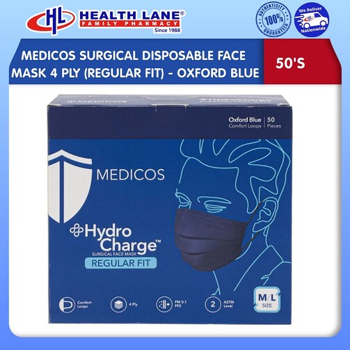 MEDICOS SURGICAL  MASK MUKA 4 PLY 50'S (REGULAR FIT) - OXFORD BLUE 