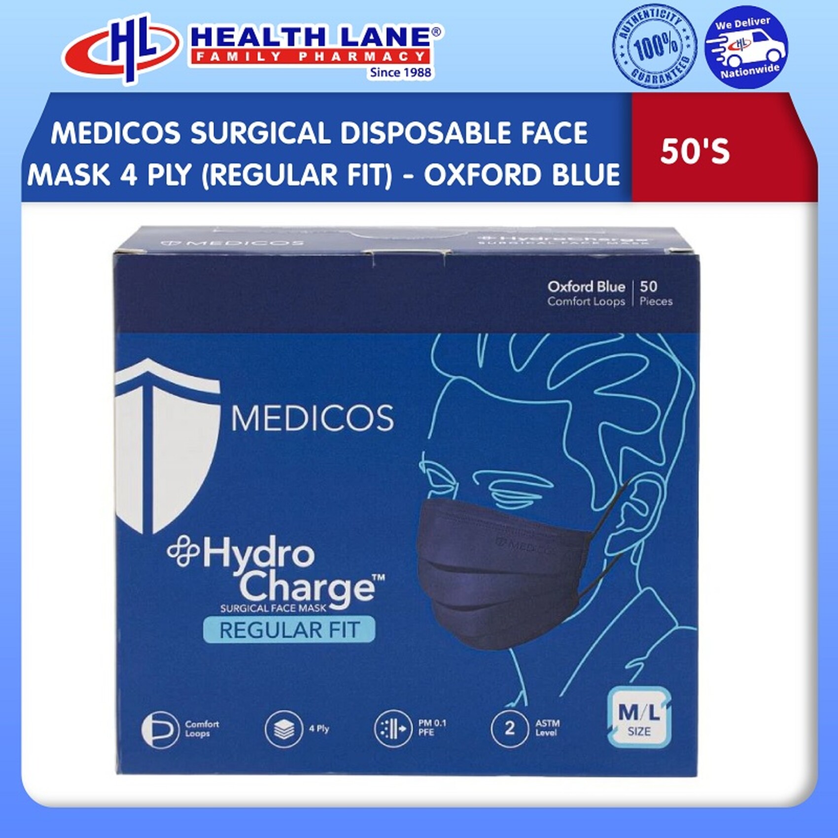 MEDICOS SURGICAL  MASK MUKA 4 PLY 50'S (REGULAR FIT) - OXFORD BLUE 