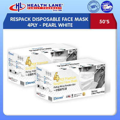 RESPACK DISPOSABLE FACE MASK 4PLY 50'S - PEARL WHITE 