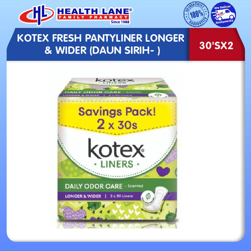 KOTEX FRESH PANTYLINER LONGER & WIDER (DAUN SIRIH- 30'SX2)